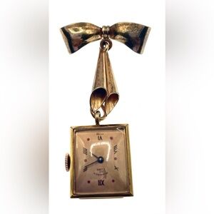 Vintage Signed Monarch Swiss 40s 50s Gold Tone Lapel Watch Brooch Pin Working